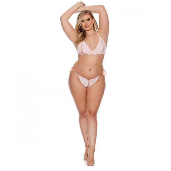 Barely Bare Tie Up Bralette & Open Panty Peach Plus Size Roze